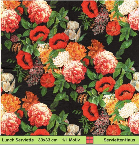 Mohnblumen und Rosen auf schwarz - 1 Lunch Serviette - ganzes Motiv